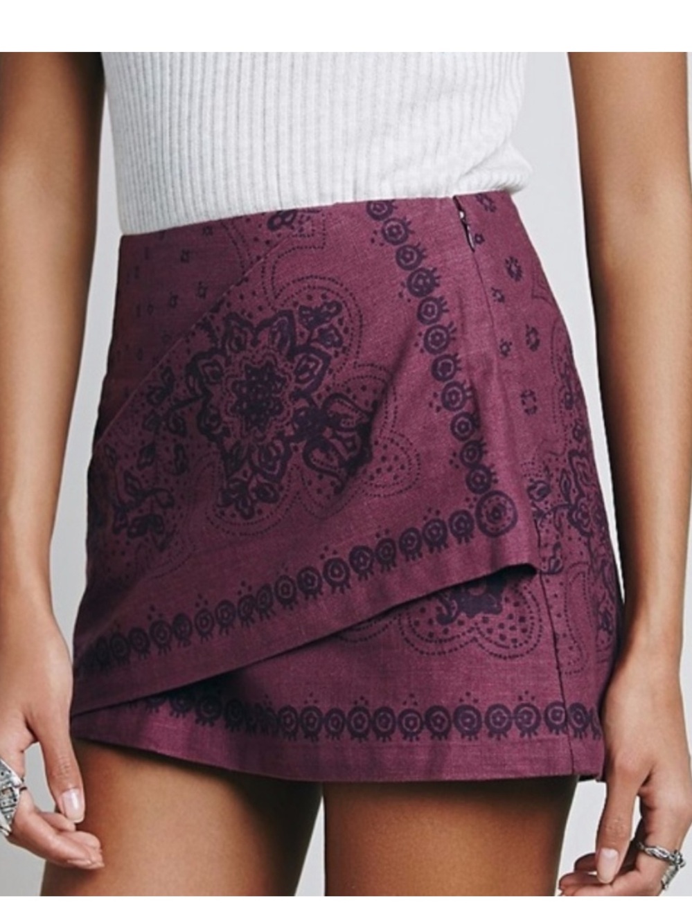 Free People Day Trip Faux Wrap mauve batik print mini skirt